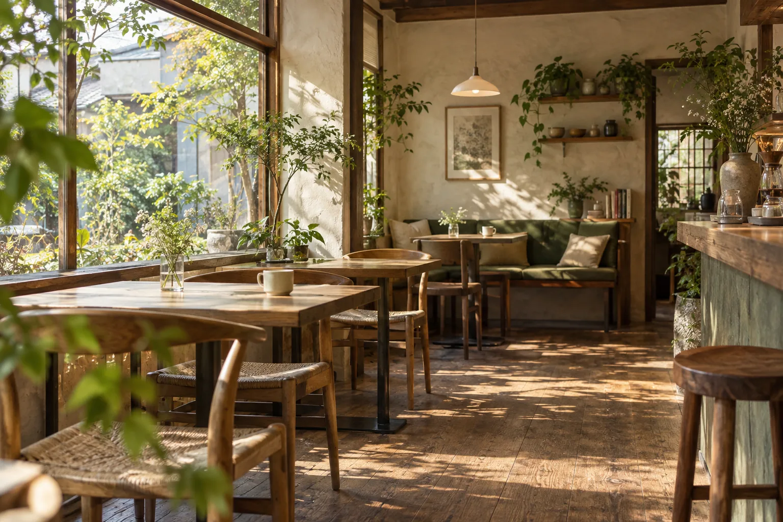 木のテーブルと植物にやわらかな光が差し込む店内