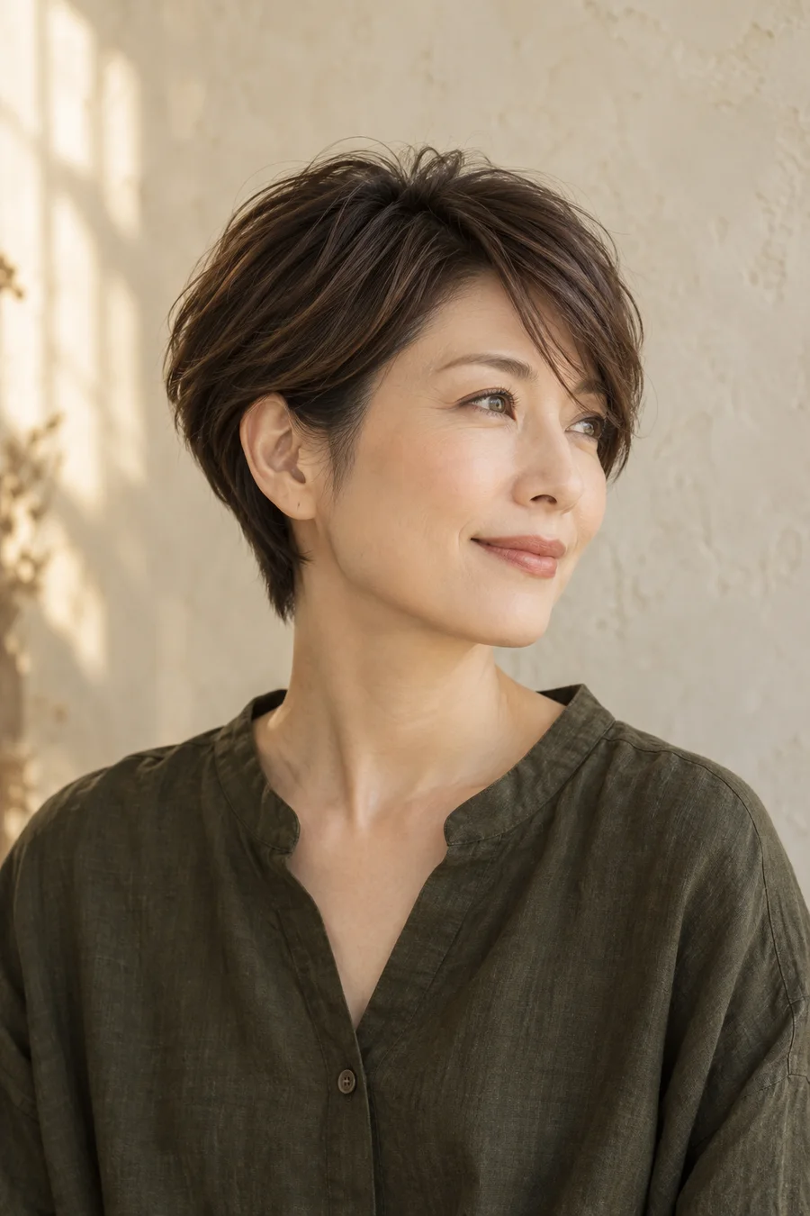 長めの前髪とすっきりした襟足のショート。生成モデル