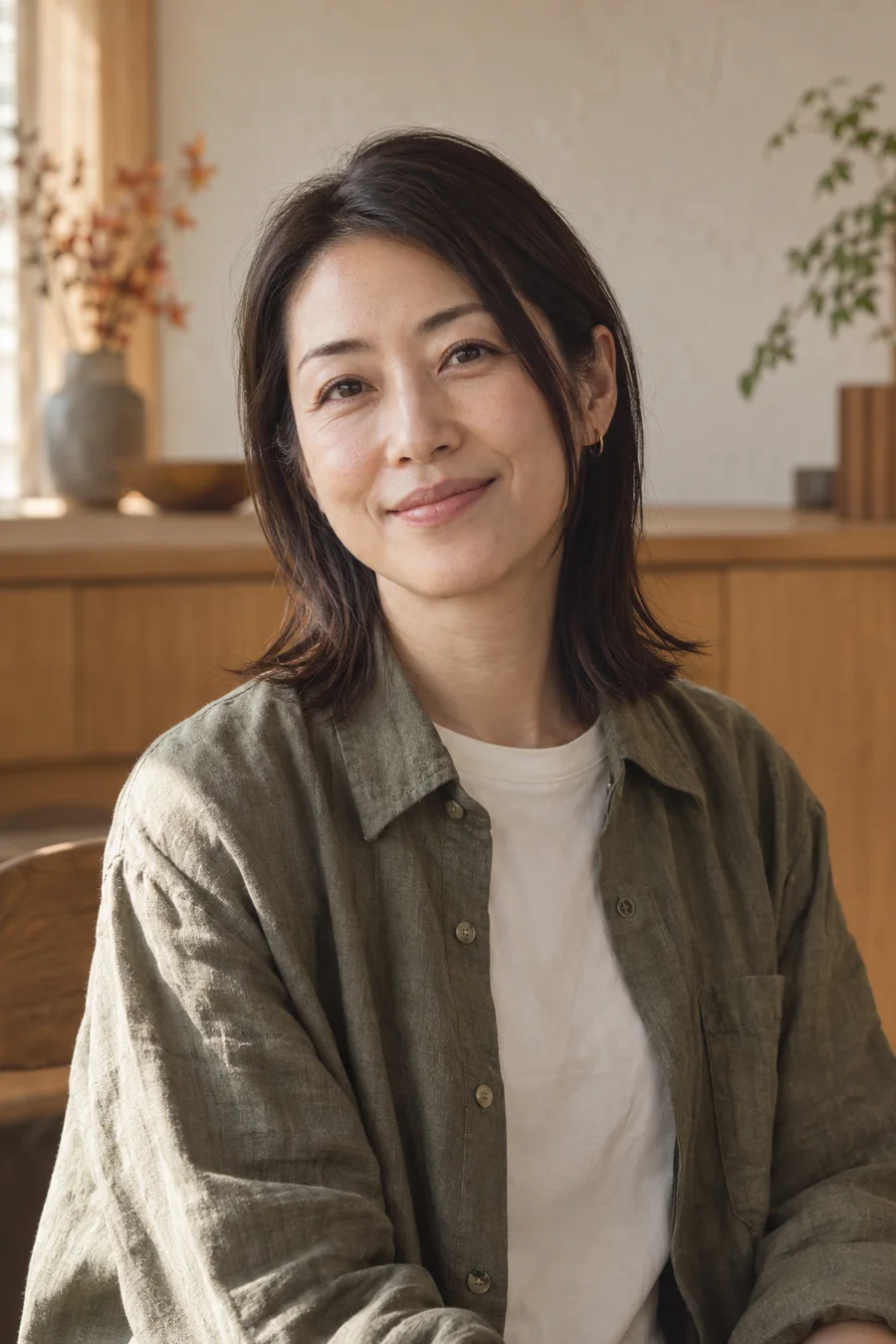 オリーブ色のシャツを着た架空のスタイリスト、青木 澪の生成ポートレート